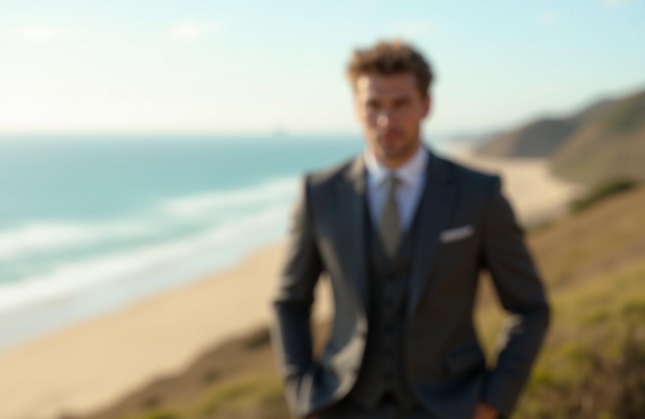 Model in tailored suit overlooking Brighton Beach